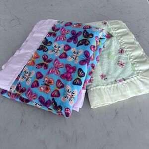 Baby Toddler 2 handmade Blankets Satin Trim Colorful Fleece Butterflies Ladybugs